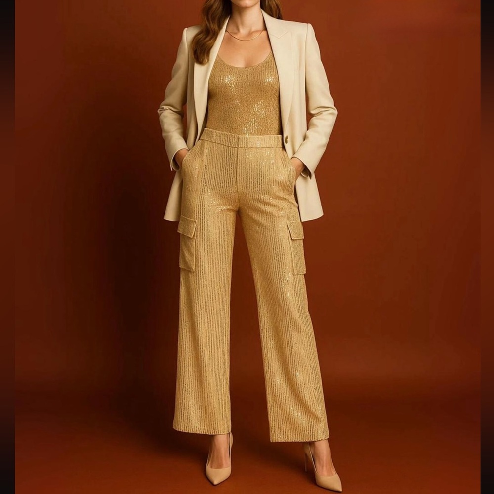 Elegant cream sequined cargo pants size M